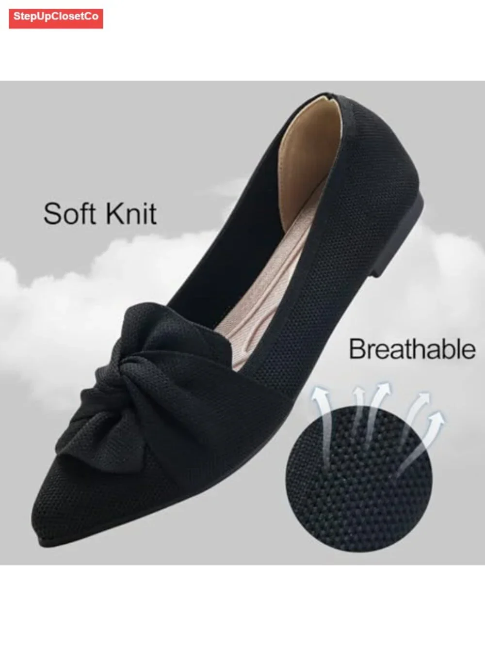 Pointed Toe Ballet Flats with Bow - Comfortable Knit Dressy Flats